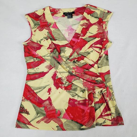 Etcetera Womens Knit Shirt Size Medium Yellow Floral Sleeveless Cross Over Wrap - Picture 1 of 5